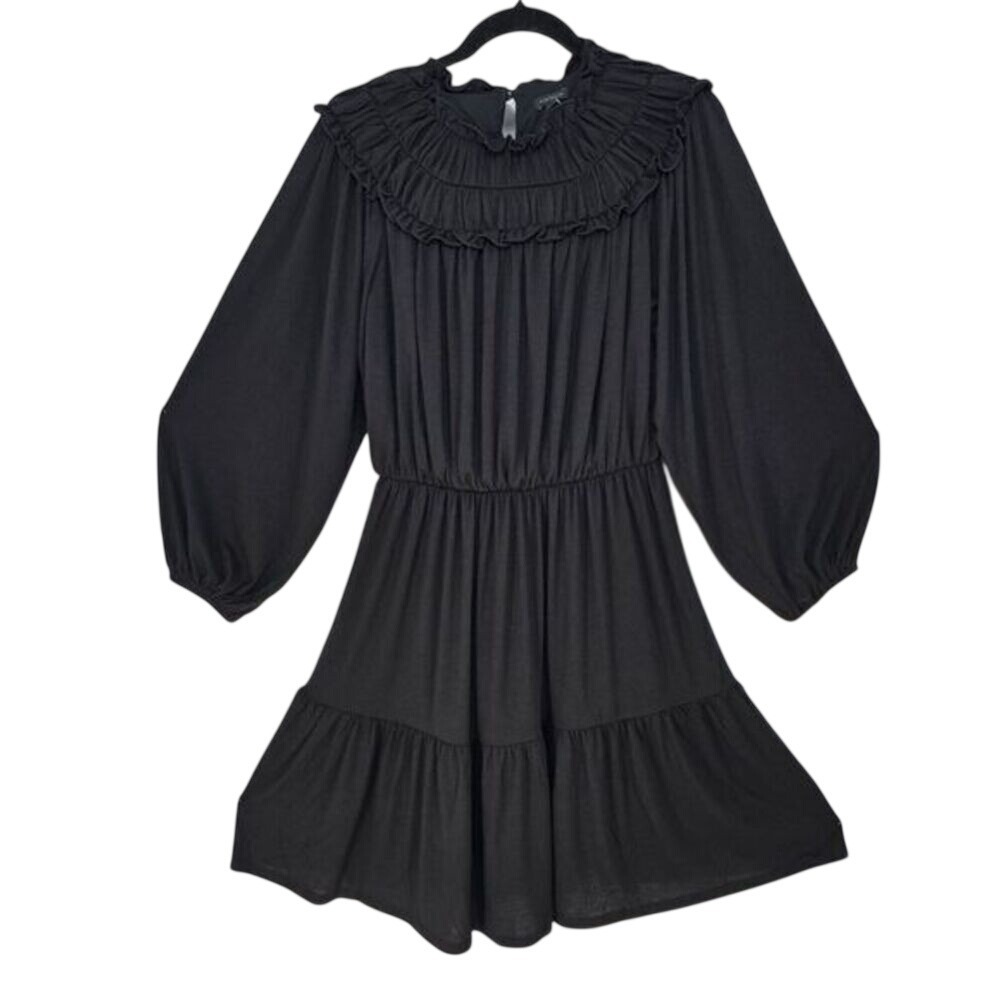 Ann Taylor Petite Black‎ Ruffle Neck Tiered Mini Dress XSP Long Balloon Sleeve